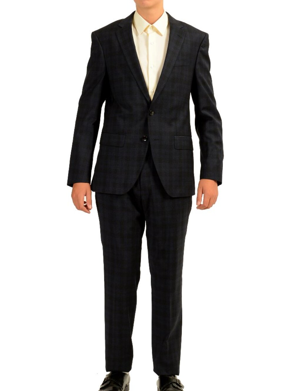 Hugo Boss Men's "Huge6/Genius5" Slim Fit Plaid Blue Wool Suit US 36S IT 46S